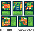 Seafood Label Set. Fresh Fish, Shrimp, Crab, Oyster, Sushi Packaging Design Templates in a geometric mosaic style 130385984