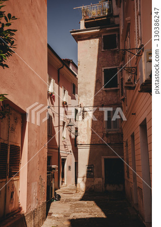 Aerial view of Piran, Slovenia historic Mediterranean coastal town on the Adriatic 130386247