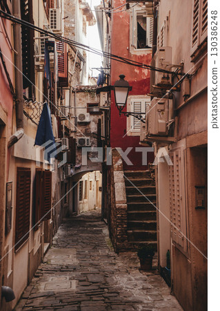 Aerial view of Piran, Slovenia historic Mediterranean coastal town on the Adriatic 130386248