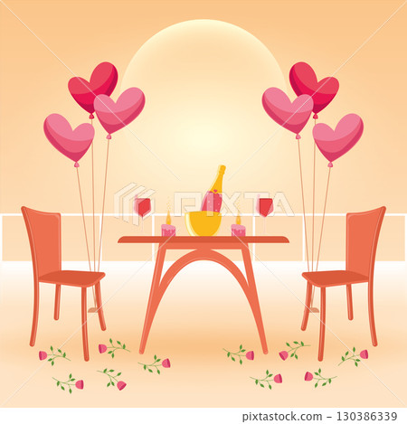 Sunset dinner with heart balloons. Vector 130386339