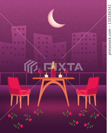Night rooftop dinner date scene. Vector 130386341