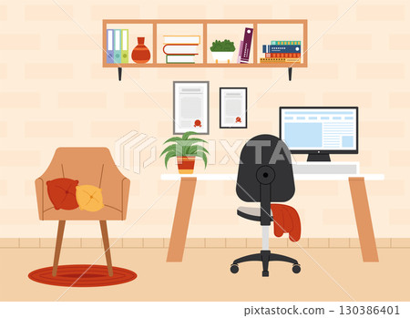 Elegant home office with chair and desk Vector Elegant home office with chair and desk Vector 130386401