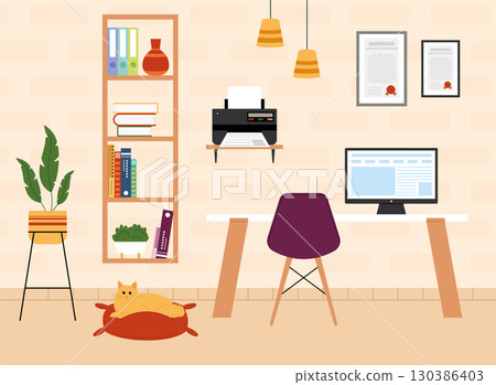 Home office with desk and resting cat Vector 130386403