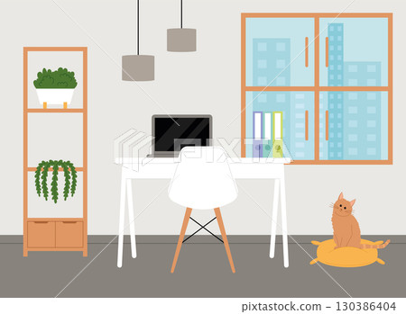 Home office design with cat and desk Vector 130386404
