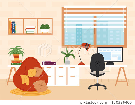 Modern workspace with bean bag and plants Vector Modern workspace with bean bag and plants Vector 130386406