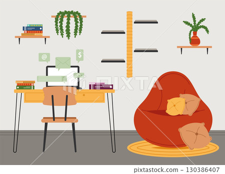 Modern workspace with bean bag and plants Vector 130386407