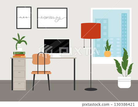 Modern desk setup with books and chair Vector 130386421