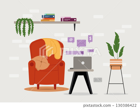 Cozy home office corner with laptop Vector 130386422