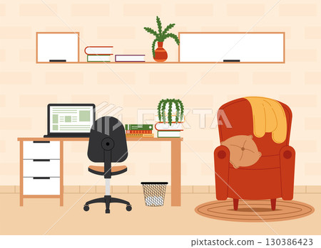 Functional workspace with desk Vector 130386423