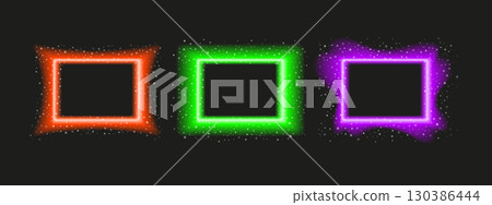 Collection of luminous neon rectangular borders with blurred glow and star highlights. Dark festive vector background for seasonal designs. 130386444