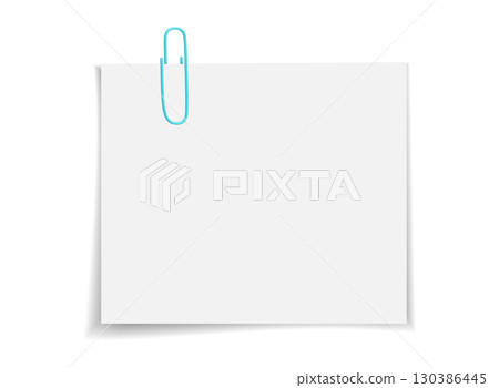 Vector notepaper with colorful paper clip. White empty page template for message, note, or reminder design. Flat illustration isolated. 130386445