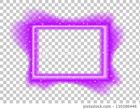 Purple neon rectangular shape with blurred glow and star accents. Shiny vector illustration of glowing border on transparent background. 130386446