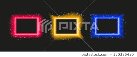Glowing neon rectangular shapes with sparkles and blur. Empty vector background on dark theme. Perfect for Christmas or party templates. 130386450
