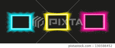 A set of neon rectangular frames with blur and shiny stars on a dark background. Empty festive background. Christmas concept. Vector illustration. 130386452