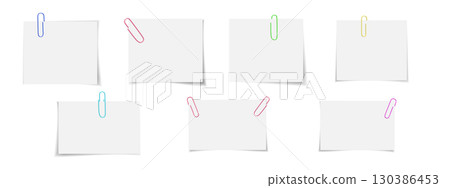 Blank rectangular papers with plastic paperclips in multiple positions. Vector stationery set for office, school, or message templates. 130386453