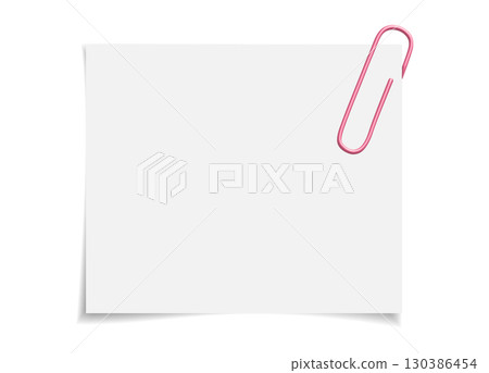 White notepaper attached with a colored paperclip. Empty sheet template for your text or message. Flat vector design. 130386454