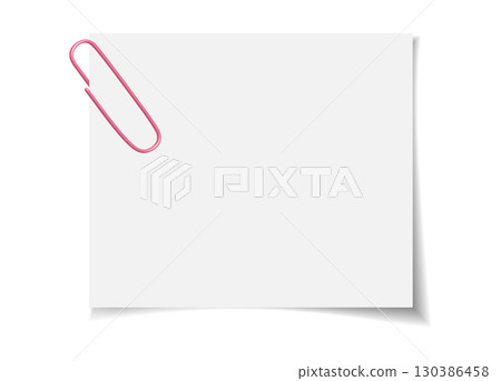 Clean blank notepaper held by pink clip. Flat vector design for stationery, office, school, or message template. Isolated on white. 130386458