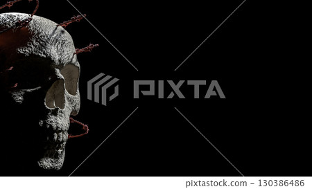 The Skull and barbed wire for Halloween or crime concept 3d Rendering. The Skull and barbed wire for Halloween or crime concept 3d Rendering. 130386486