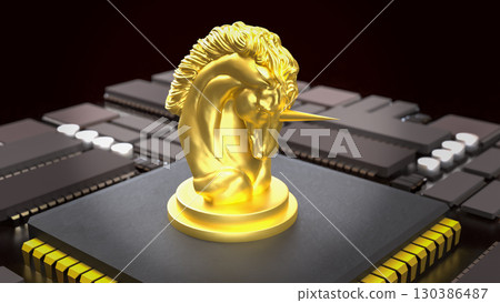 The Gold Unicorn chess on PCB board for Business concept 3d Rendering. The Gold Unicorn chess on PCB board for Business concept 3d Rendering. 130386487
