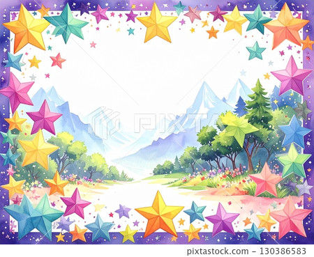 五顏六色的星星和自然框架背景 130386583