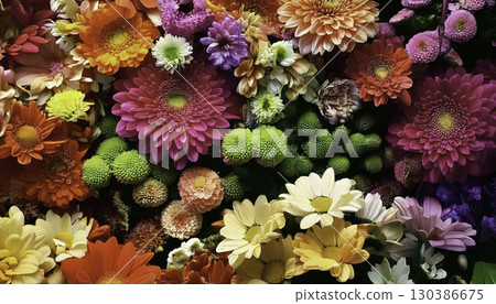 Closeup of a colorful flower arrangement featuring various blooms Closeup of a colorful flower arrangement featuring various blooms 130386675