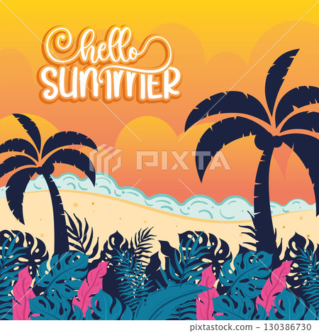 Hello summer poster with palm trees and sunset Vector 130386730