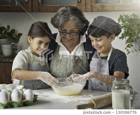 Family baking session with grandmother 130386776