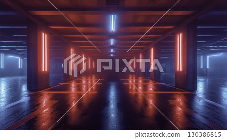 Perspective view of an empty modern underground parking garage with vibrant neon lighting and wet floor reflections 130386815