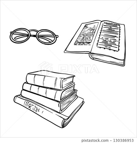 Vector set of stack of Books, open book and eyeglasses. Black and white line drawing of a book is with open pages and Stack of Books. Hand drawn line illustration books. Literature in outline drawing Vector set of stack of Books, open book and eyeglasses. Black and white line drawing of a book is with open pages and Stack of Books. Hand drawn line illustration books. Literature in outline drawing 130386953