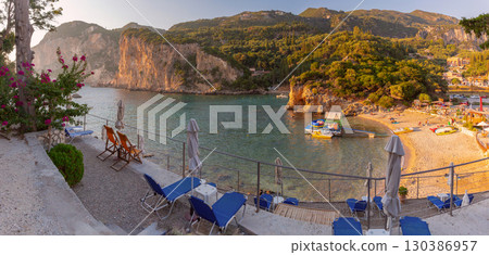 Beach and cliffs in Paleokastritsa Corfu Greece Beach and cliffs in Paleokastritsa Corfu Greece 130386957