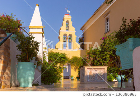 Bell tower of Theotokos Monastery in Corfu Greece 130386965
