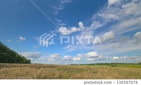 A Beautiful Open Field is Spreading Under a Clear Blue Sky Adorned with Fluffy Clouds A Beautiful Open Field is Spreading Under a Clear Blue Sky Adorned with Fluffy Clouds 130387078