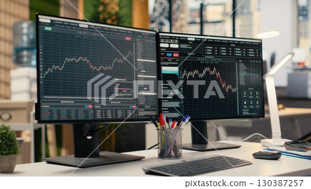 PC monitors displaying stock market candlestick charts in modern prop firm office. Trading company workspace desk setup used for stock exchange analysis and strategy planning 130387257