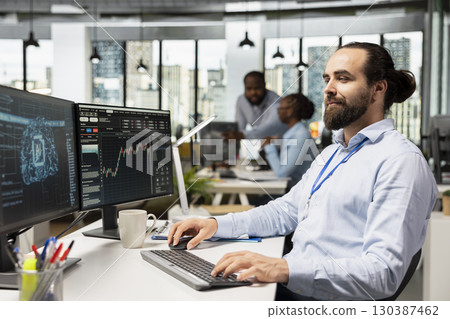 Trader in office using machine learning models to enhance predictive accuracy of stock market movements. Prop firm professional leveraging AI to optimize trading strategies 130387462
