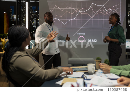 Team of company analysts reviews feedback on sales and orders to work on future improvements, developing marketing and PR strategies in meeting room. Startup enterprise management. Team of company analysts reviews feedback on sales and orders to work on future improvements, developing marketing and PR strategies in meeting room. Startup enterprise management. 130387468