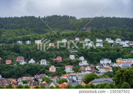 Colorful hillside houses in residential area surrounded by forest in Bergen, Norway 130387501