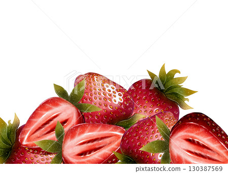 Watercolor strawberry frame banner with whole and sliced berries 130387569