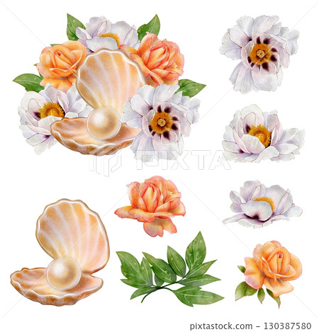 Pearl shell with roses, white flowers and green leaves 130387580