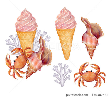 set of Crab with ice cream cone, seashell and coral illustration set of Crab with ice cream cone, seashell and coral illustration 130387582