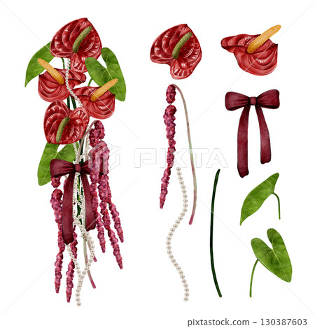 Set of Red anthurium bouquet with bow illustration Set of Red anthurium bouquet with bow illustration 130387603