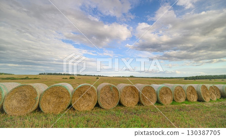 A Serene and Picturesque Rural Landscape Featuring Hay Bales Set Beneath a Bright Blue Sky 130387705