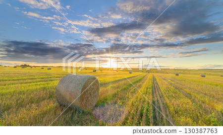 Golden Hour Over a Serene Hay Field, a breathtaking scene of tranquility in natures beauty Golden Hour Over a Serene Hay Field, a breathtaking scene of tranquility in natures beauty 130387763