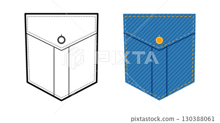 Angled Jeans Top-stitched Patch with Flap Pocket Jeans technical fashion illustration. Flat apparel line template and Angled Jeans Top-stitched Patch with Flap Pocket Jeans technical fashion illustration. Flat apparel line template and 130388061