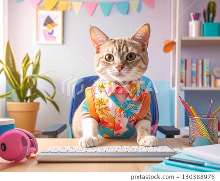 Waiting at the tropical-style cat desk 130388976