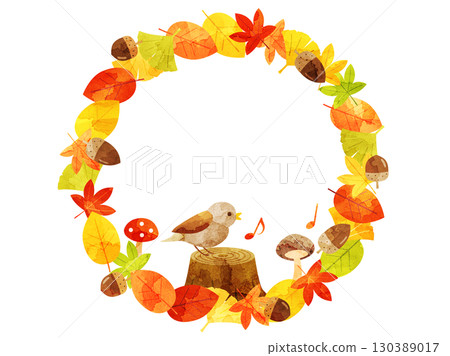Autumn-themed illustration of a wreath of autumn leaves and a bird singing on a stump. Watercolor-style version. 130389017