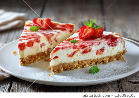 Strawberry cheesecake topped with sweet and sour strawberries 130389105
