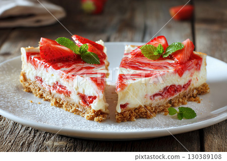 Strawberry cheesecake topped with sweet and sour strawberries 130389108