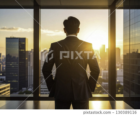 The back view of a businessman filled with a sense of accomplishment and hope 130389116