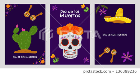 Day of the Dead Mexico poster set. National holiday September 16, Cinco de Mayo. Dia De Los Muertos. Colorful Mexican flowers. Fiesta poster party flyer greeting card. Vector illustration Day of the Dead Mexico poster set. National holiday September 16, Cinco de Mayo. Dia De Los Muertos. Colorful Mexican flowers. Fiesta poster party flyer greeting card. Vector illustration 130389236