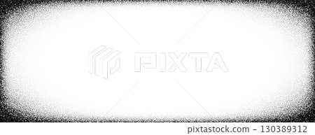 Black stippled vignette effect background. Round fading stipple gradient border wallpaper. Radial dotted grit frame backdrop for photo template, poster template, banner. Vector vanishing grain cadre 130389312